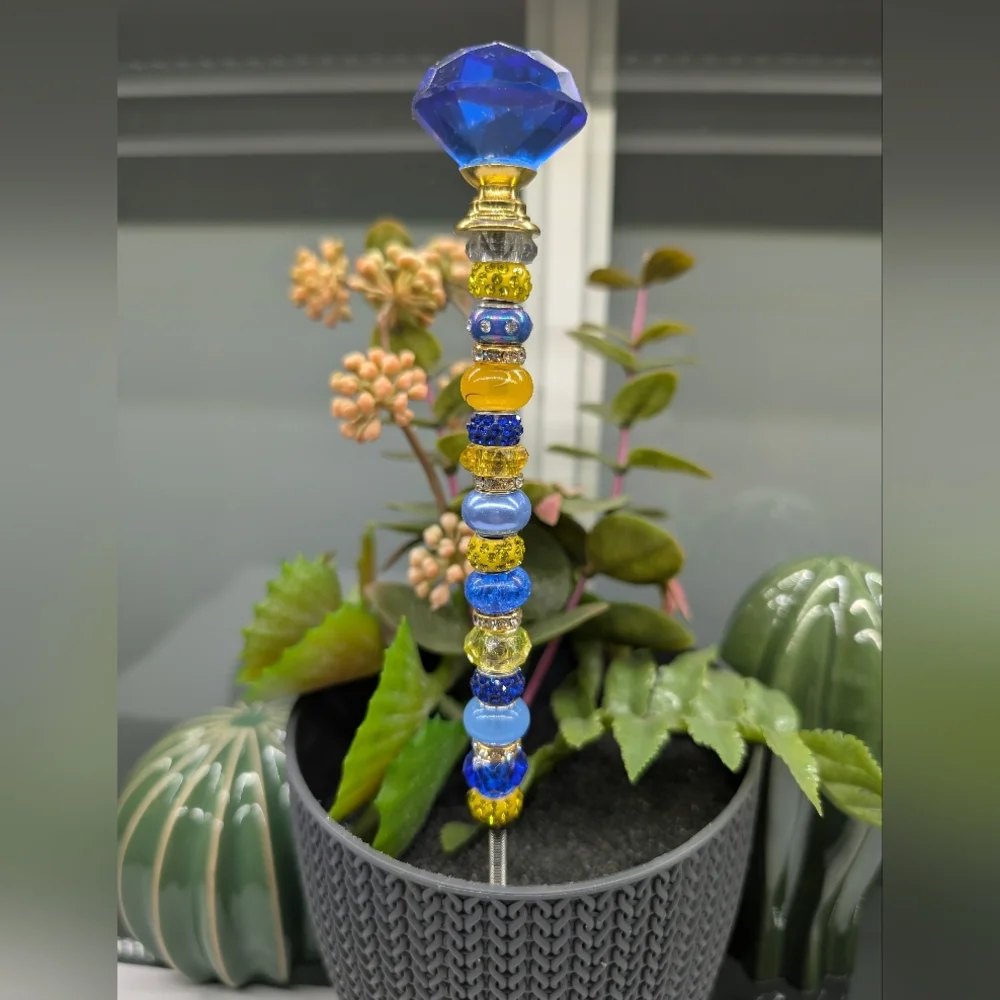 Blue & Gold Beaded Fairy Wand/Plant/Garden Stake